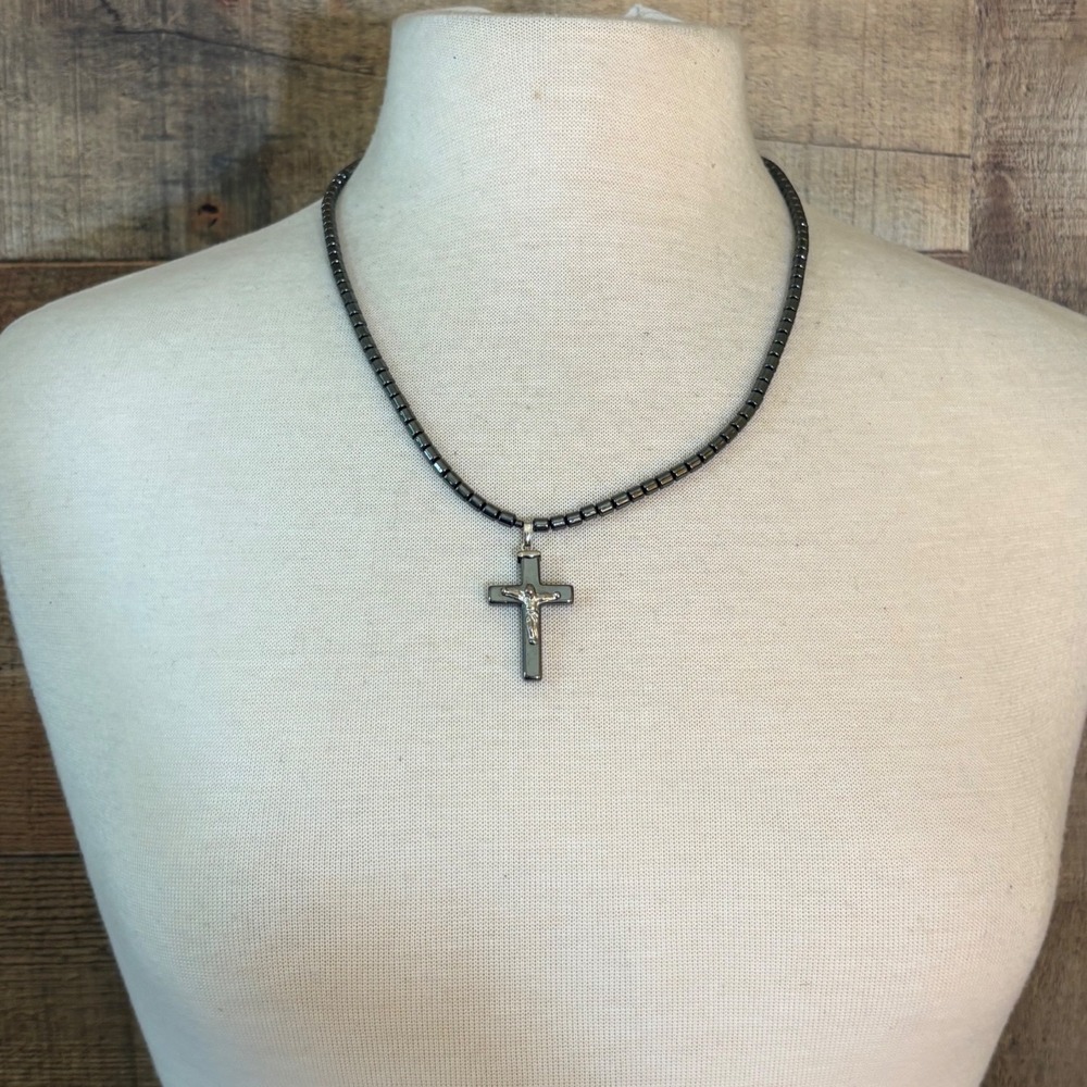 Hematite Beaded Crucifix Necklace Gunmetal Grey Cylinder Beads 18 Inch